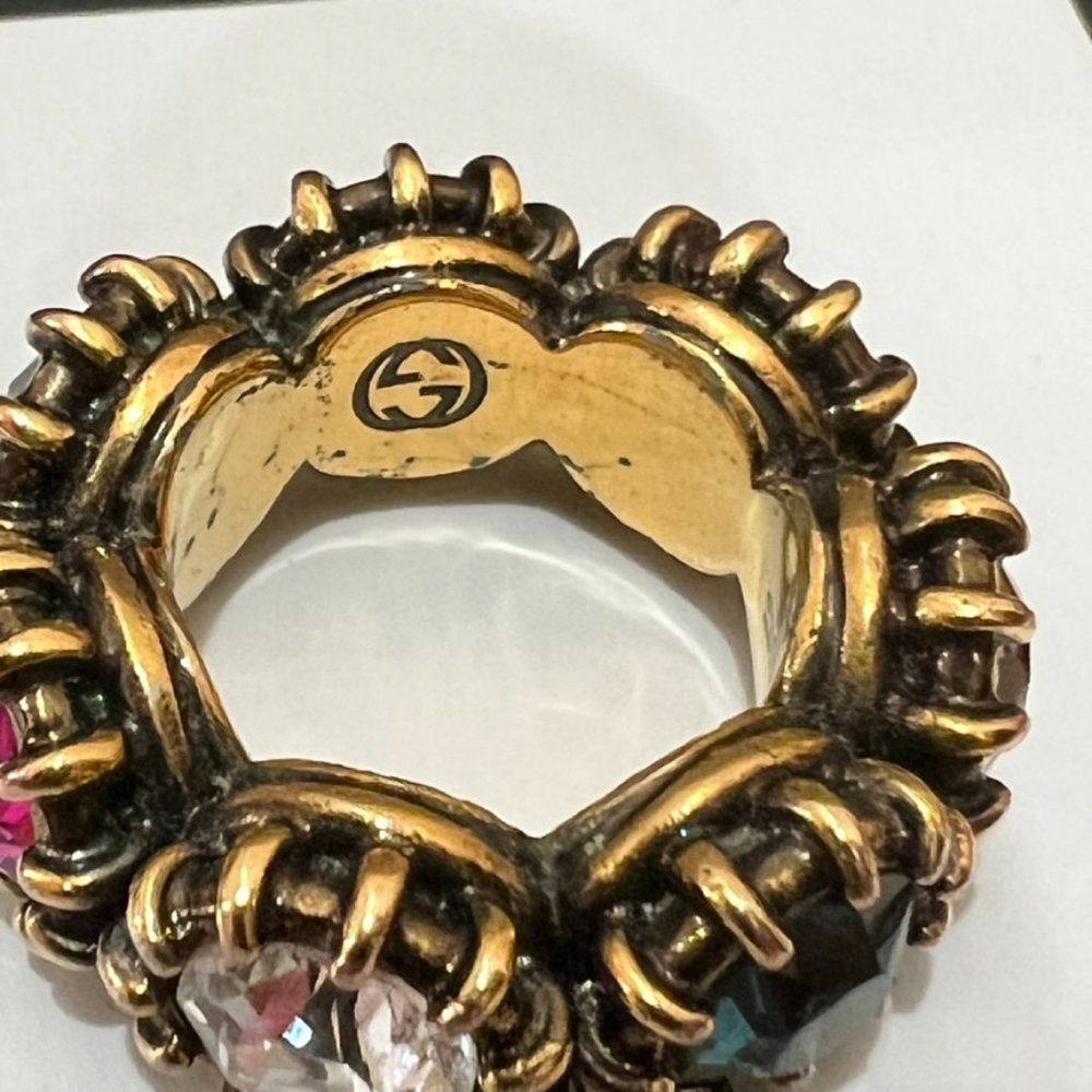 Gucci Aged Gold Tiger Head Multicolor Stones Infinity Stones Thanos Ring - Picture 9 of 15